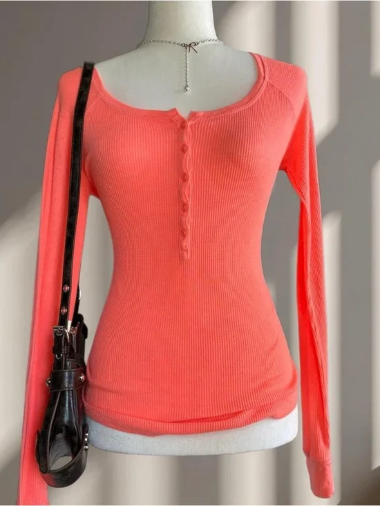 Women’s Coral Ribbed Long-Sleeve Henley Top - Picture 1 of 7